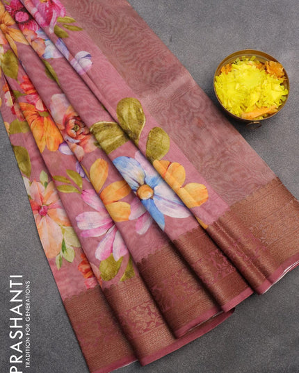 Chanderi silk cotton saree pastel pink with allover floral digital prints and woven border - {{ collection.title }} by Prashanti Sarees