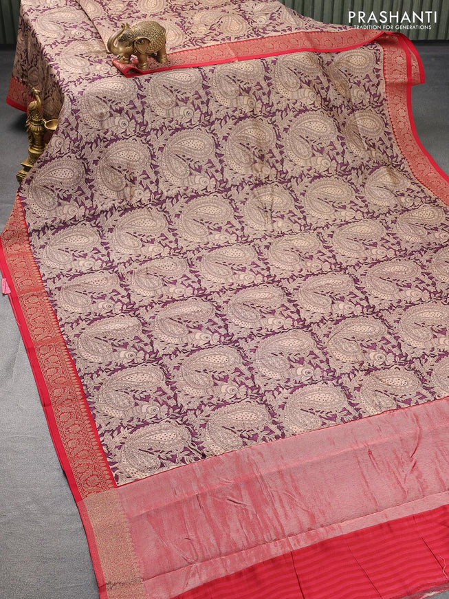Chanderi silk cotton saree purple and maroon with allover kalamkari prints and woven border - {{ collection.title }} by Prashanti Sarees