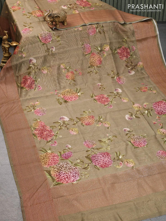 Chanderi silk cotton saree sap green shade with allover floral digital prints and woven border - {{ collection.title }} by Prashanti Sarees
