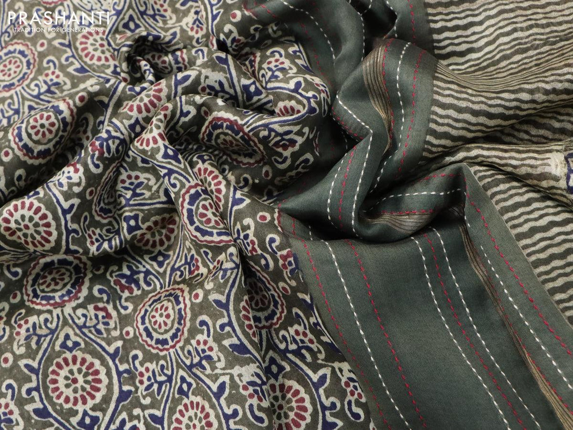 Chanderi silk cotton saree sap green with allover ajrakh prints and kantha stitch work border - {{ collection.title }} by Prashanti Sarees