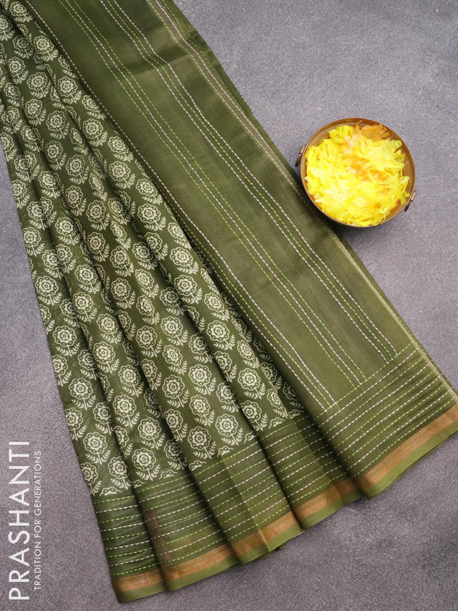 Chanderi silk cotton saree sap green with allover floral butta prints and kantha stitch work border - {{ collection.title }} by Prashanti Sarees