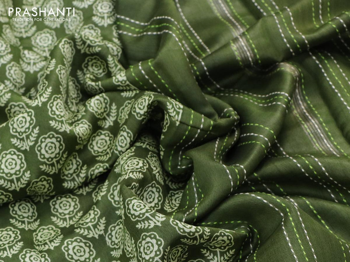 Chanderi silk cotton saree sap green with allover floral butta prints and kantha stitch work border - {{ collection.title }} by Prashanti Sarees