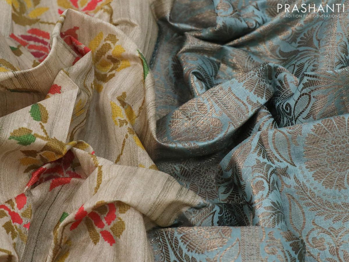 Chappa saree beige and pastel blue with allover floral prints and banarasi style border - EDB0221-1 - {{ collection.title }} by Prashanti Sarees