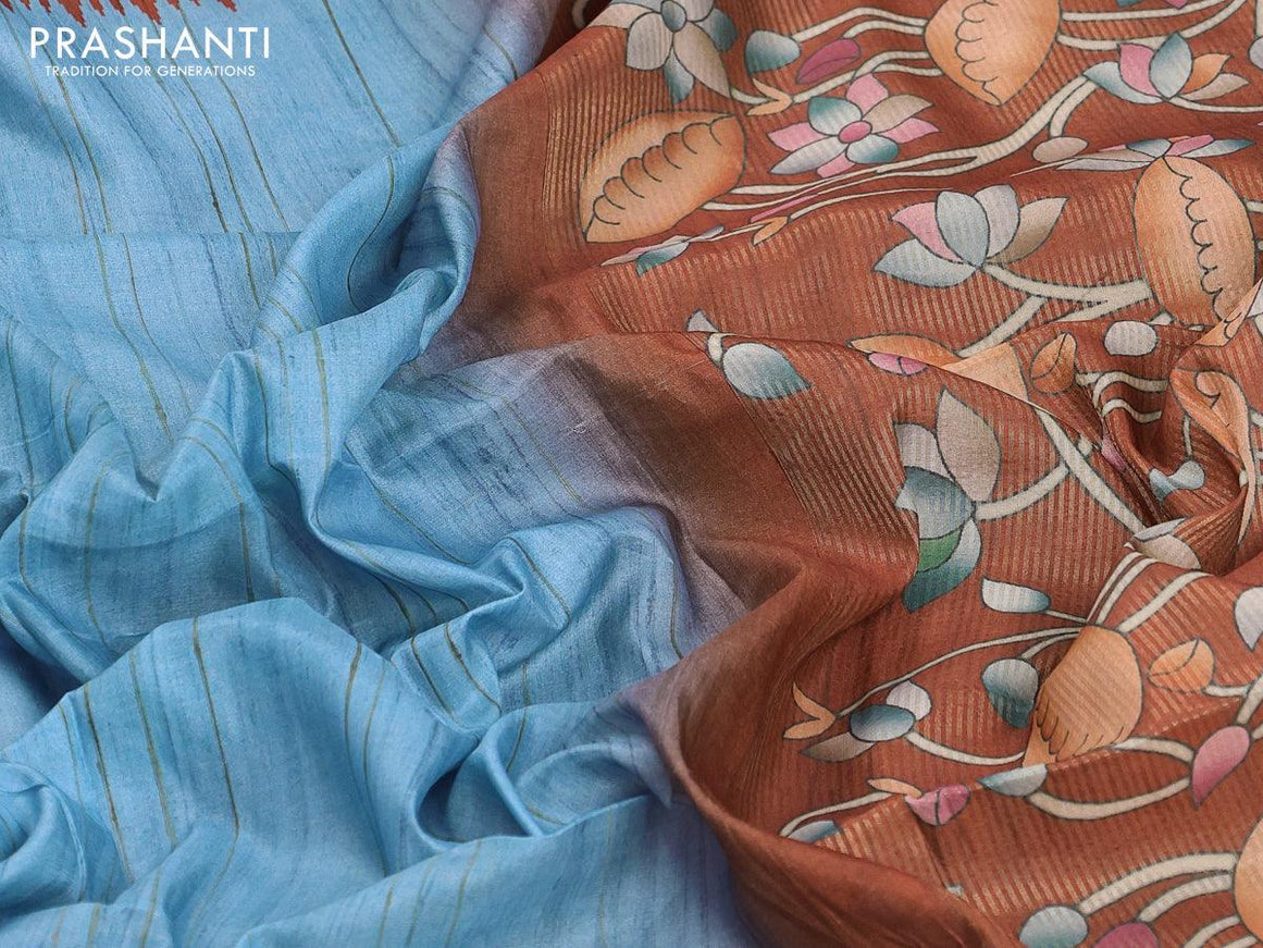 Chappa saree blue and rust shade with pichwai printed pallu and temple design zari woven border - {{ collection.title }} by Prashanti Sarees