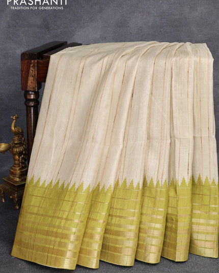 Chappa saree cream and lime green with ikat printed pallu and temple design zari woven border - {{ collection.title }} by Prashanti Sarees