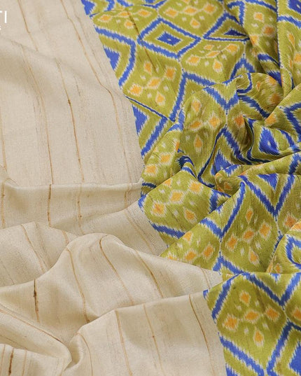 Chappa saree cream and lime green with ikat printed pallu and temple design zari woven border - {{ collection.title }} by Prashanti Sarees