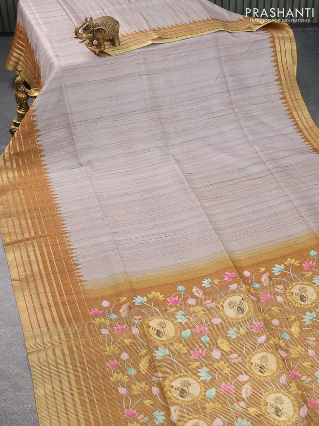Chappa saree grey shade and dark mustard with pichwai printed pallu and temple design zari woven border - {{ collection.title }} by Prashanti Sarees