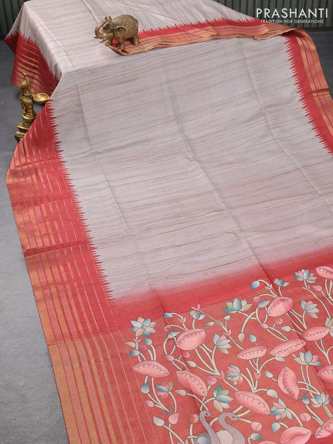 Chappa saree grey shade and maroon with pichwai printed pallu and temple design zari woven border - {{ collection.title }} by Prashanti Sarees