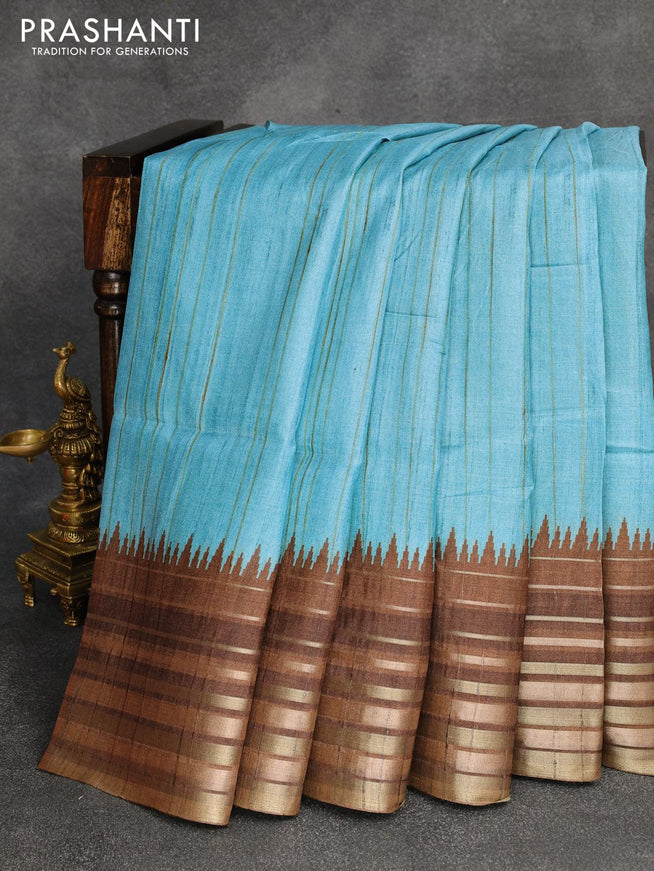 Chappa saree light blue and brown with pichwai printed pallu and temple design zari woven border - {{ collection.title }} by Prashanti Sarees