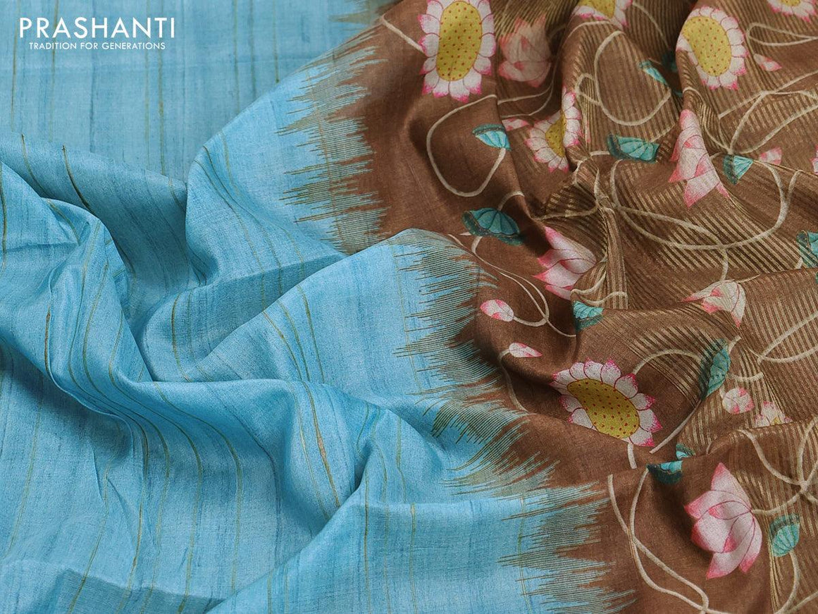 Chappa saree light blue and brown with pichwai printed pallu and temple design zari woven border - {{ collection.title }} by Prashanti Sarees