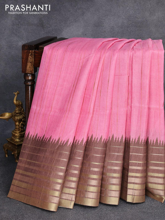 Chappa saree light pink and brown with pichwai printed pallu and temple design zari woven border - {{ collection.title }} by Prashanti Sarees