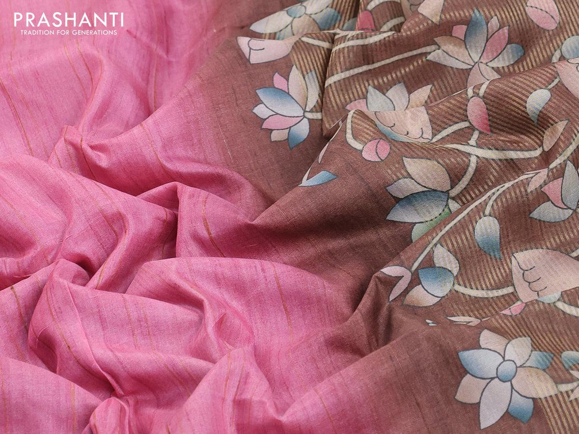 Chappa saree light pink and brown with pichwai printed pallu and temple design zari woven border - {{ collection.title }} by Prashanti Sarees