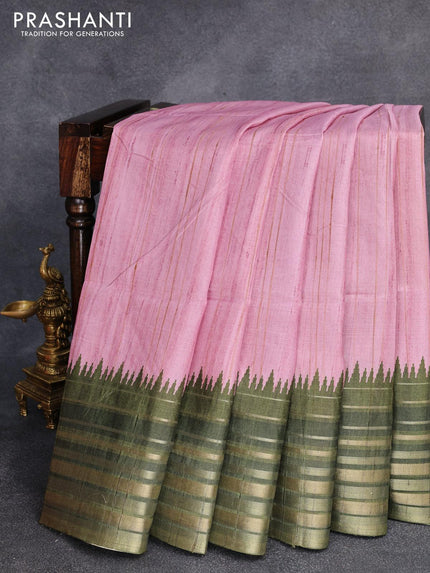 Chappa saree light pink and sap green with pichwai printed pallu and temple design zari woven border - {{ collection.title }} by Prashanti Sarees