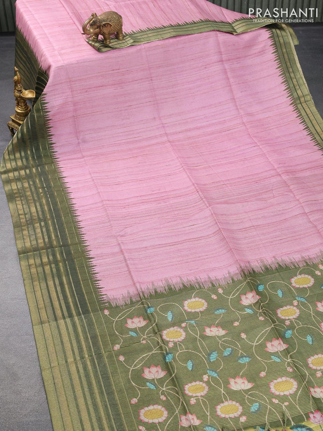 Chappa saree light pink and sap green with pichwai printed pallu and temple design zari woven border - {{ collection.title }} by Prashanti Sarees