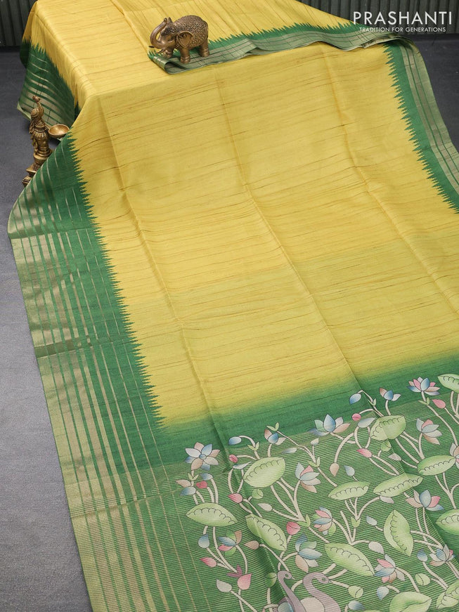 Chappa saree lime yellow and green with pichwai printed pallu and temple design zari woven border - {{ collection.title }} by Prashanti Sarees