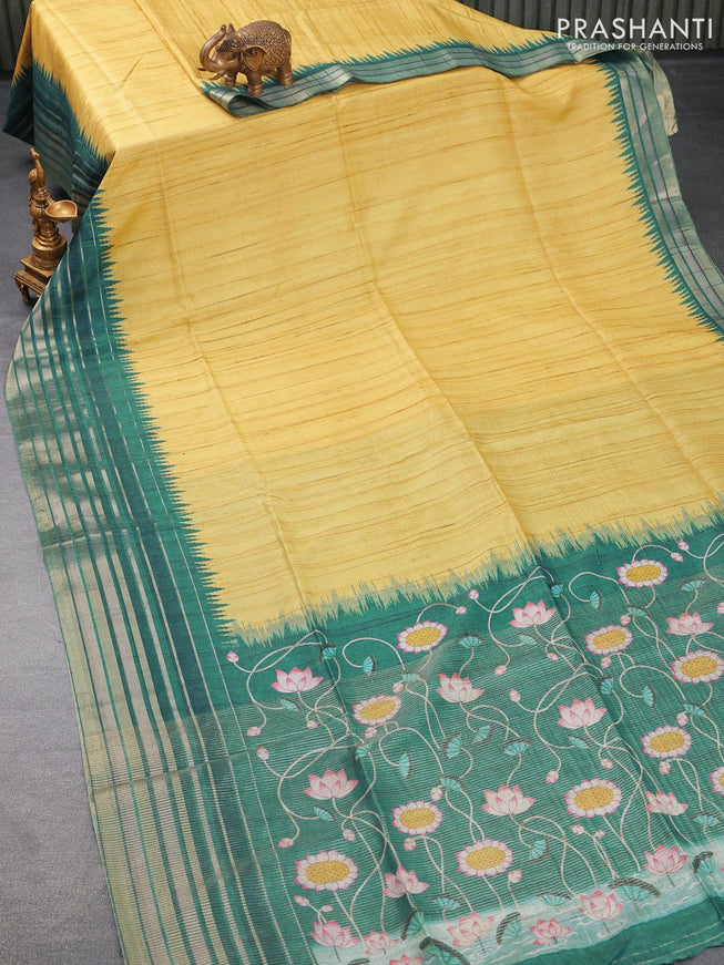 Chappa saree lime yellow and peacock green with pichwai printed pallu and temple design zari woven border - {{ collection.title }} by Prashanti Sarees