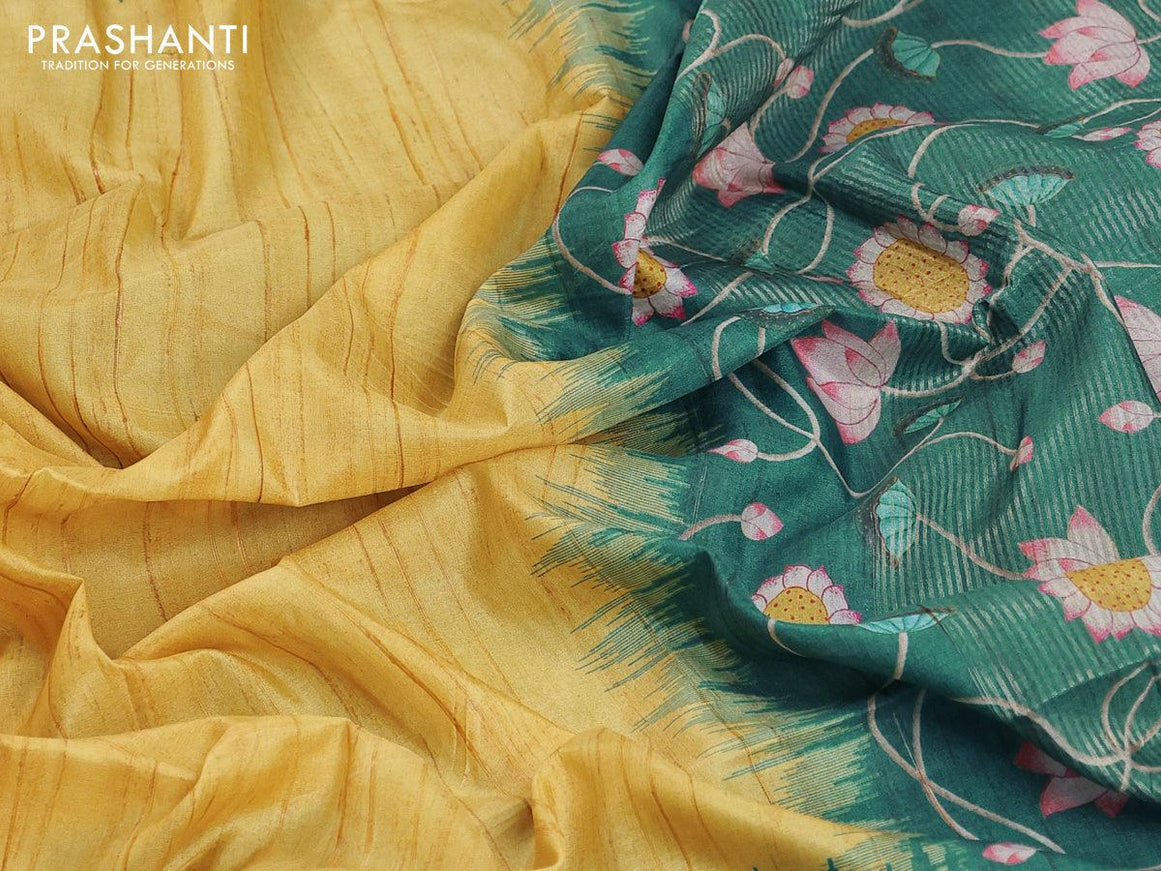 Chappa saree lime yellow and peacock green with pichwai printed pallu and temple design zari woven border - {{ collection.title }} by Prashanti Sarees