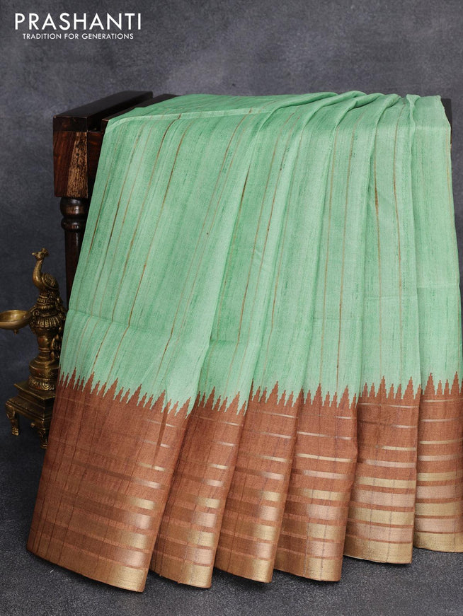 Chappa saree pastel green and brown with pichwai printed pallu and temple design zari woven border - {{ collection.title }} by Prashanti Sarees
