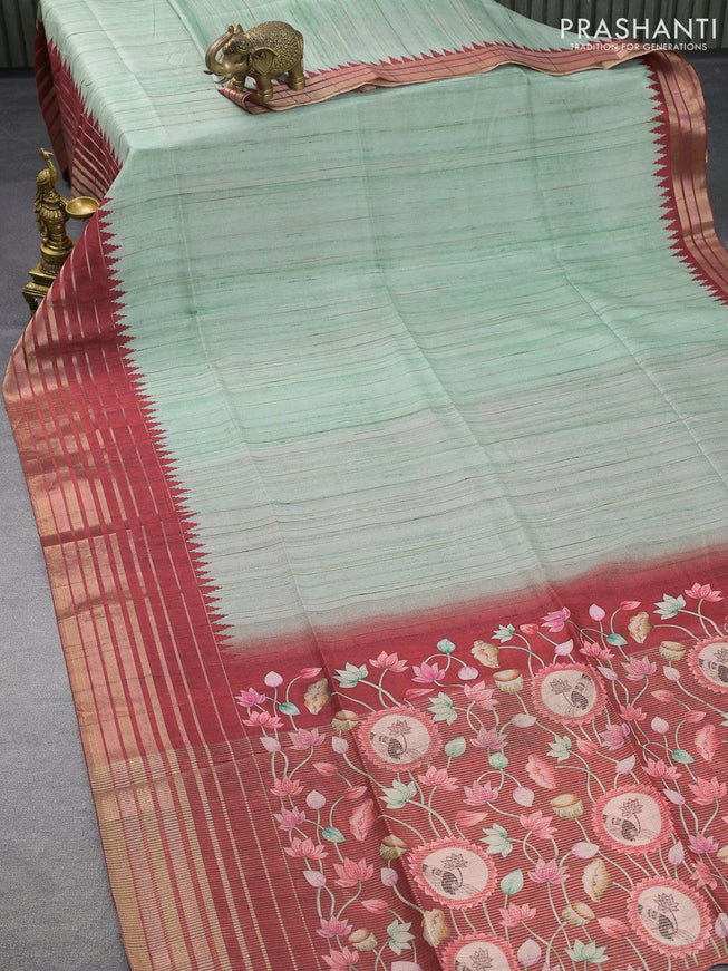 Chappa saree pastel green and maroon with pichwai printed pallu and temple design zari woven border - {{ collection.title }} by Prashanti Sarees