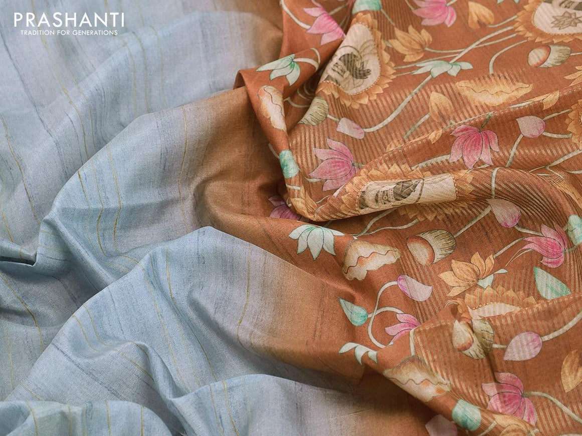 Chappa saree pastel grey and rust shade with pichwai printed pallu and temple design zari woven border - {{ collection.title }} by Prashanti Sarees