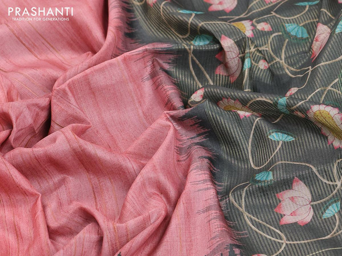 Chappa saree peach pink and bottle green with pichwai printed pallu and temple design zari woven border - {{ collection.title }} by Prashanti Sarees