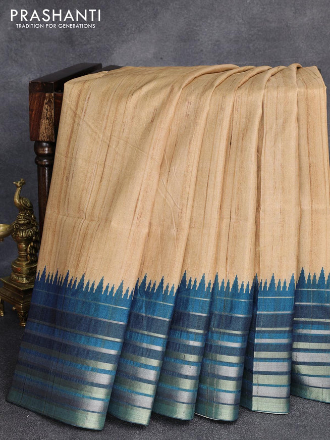 Chappa saree sandal and peacock blue with pichwai printed pallu and temple design zari woven border - {{ collection.title }} by Prashanti Sarees