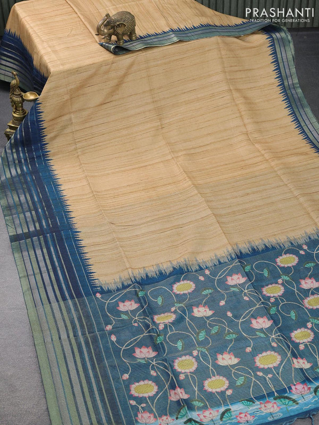 Chappa saree sandal and peacock blue with pichwai printed pallu and temple design zari woven border - {{ collection.title }} by Prashanti Sarees