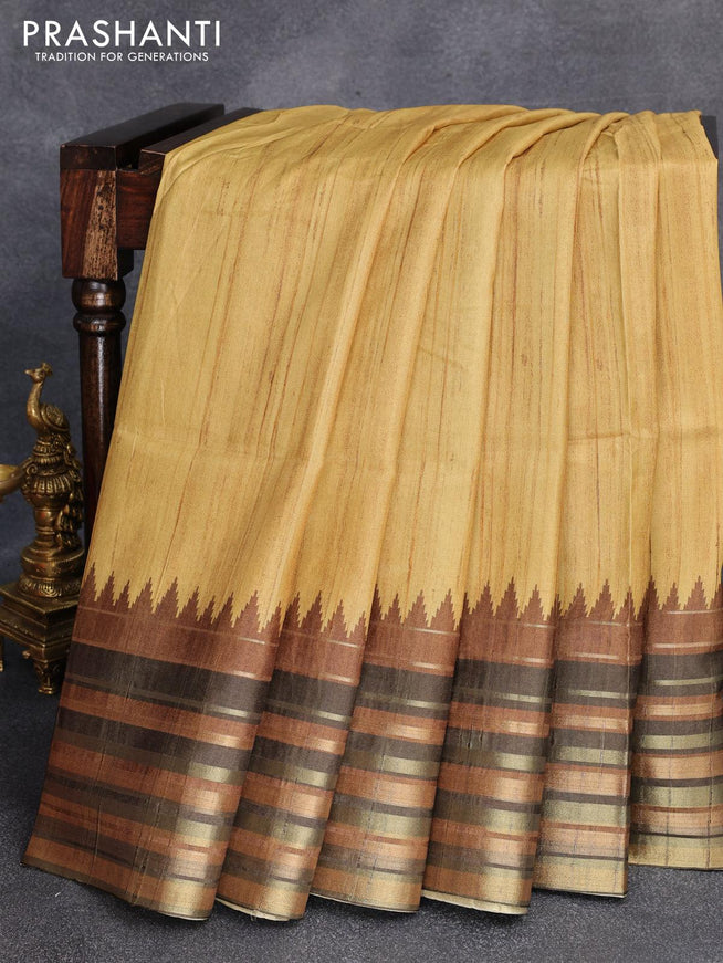 Chappa saree yellow and brown with kalamkari printed pallu and temple design zari woven border - {{ collection.title }} by Prashanti Sarees