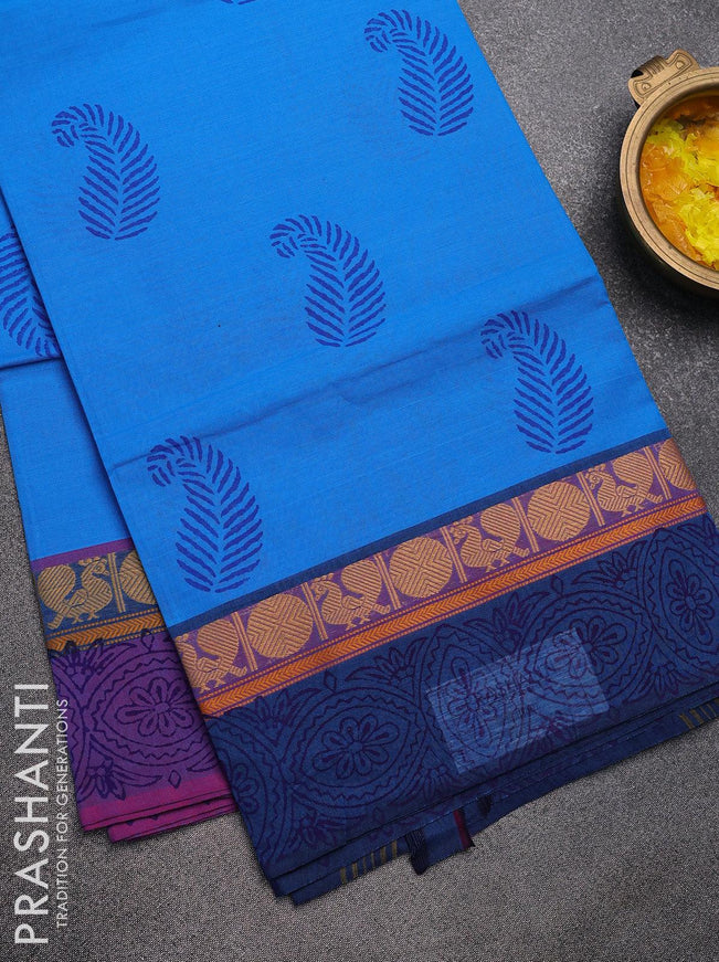Chettinad cotton saree blue with paisley butta prints and ganga jamuna border - without blouse - {{ collection.title }} by Prashanti Sarees