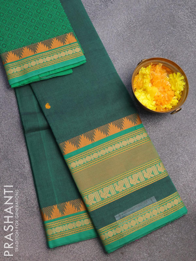Chettinad cotton saree dark green with thread woven buttas and long thread woven border & woven blouse - {{ collection.title }} by Prashanti Sarees