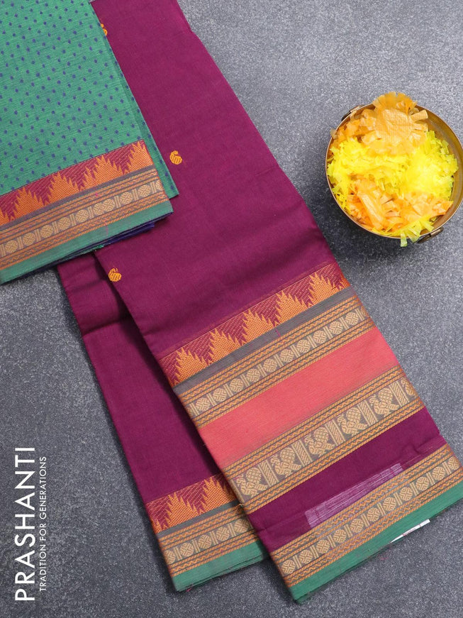 Chettinad cotton saree dark magenta and green with thread woven buttas and long thread woven border & woven blouse - {{ collection.title }} by Prashanti Sarees