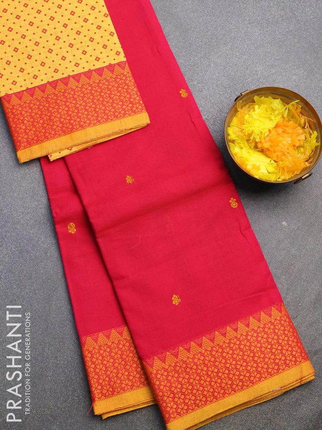 Chettinad cotton saree dark pink and yellow with thread woven buttas and thread woven border & printed blouse - {{ collection.title }} by Prashanti Sarees