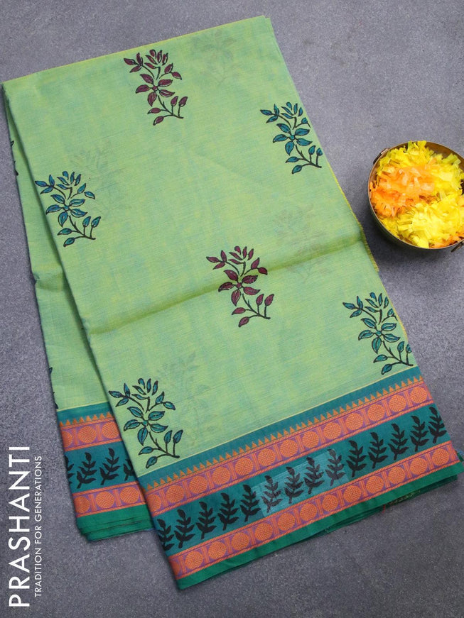 Chettinad cotton saree dual shade of green and blue with butta prints and thread woven border without blouse - {{ collection.title }} by Prashanti Sarees