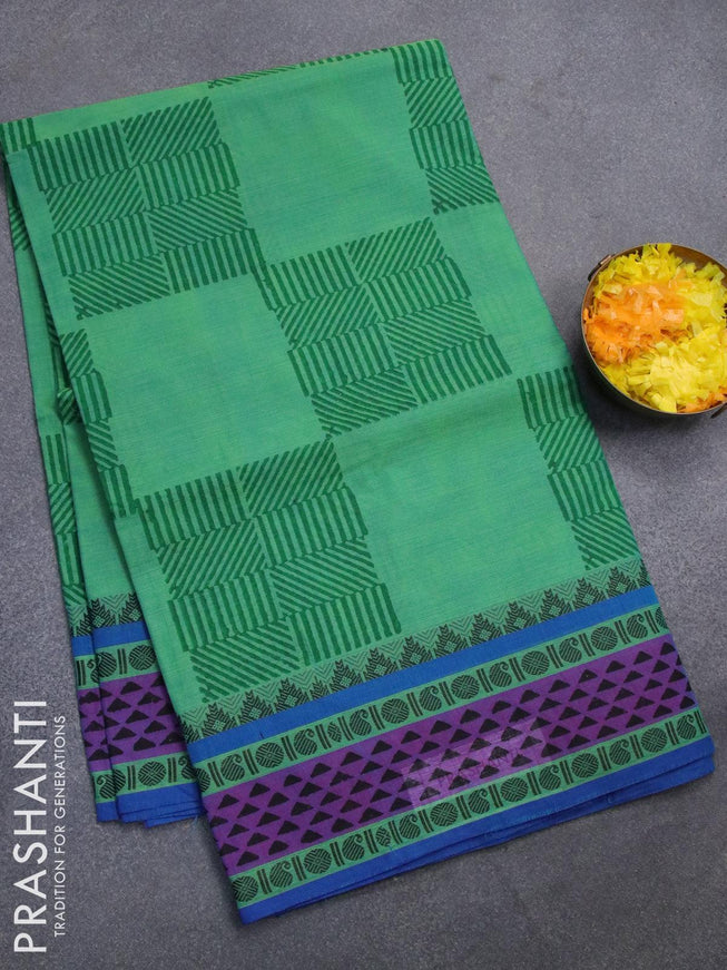 Chettinad cotton saree dual shade of teal green and blue with allover prints and thread woven printed border without blouse - {{ collection.title }} by Prashanti Sarees