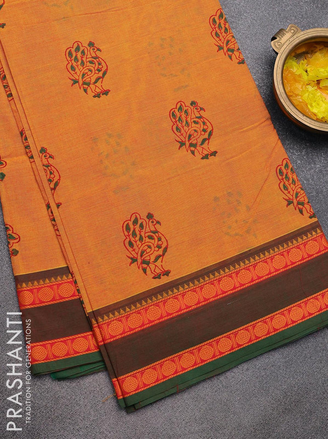 Chettinad cotton saree dual shade of yellow and dual shade of green with annam butta prints and rettapet thread woven border - without blouse - {{ collection.title }} by Prashanti Sarees
