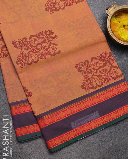Chettinad cotton saree dual shade of yellowish pink and dual shade of greenish purple with butta prints and rettapet thread woven border - without blouse - {{ collection.title }} by Prashanti Sarees
