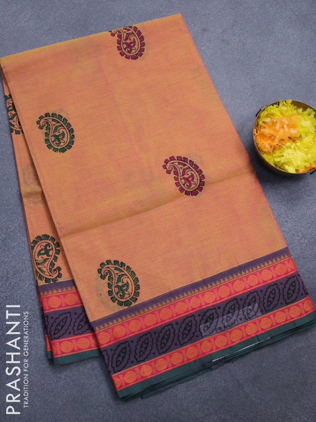 Chettinad cotton saree dual shade of yellowish pink and green with paisley butta prints and thread woven printed border without blouse - {{ collection.title }} by Prashanti Sarees