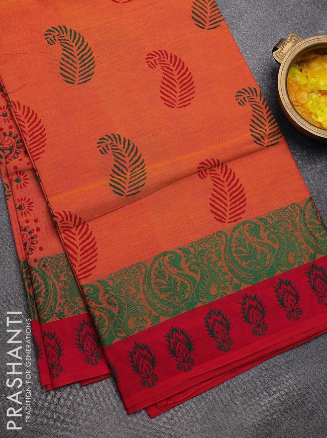 Chettinad cotton saree dual shade of yellowish pink and pink with paisley butta prints and thread woven printed border - without blouse - {{ collection.title }} by Prashanti Sarees