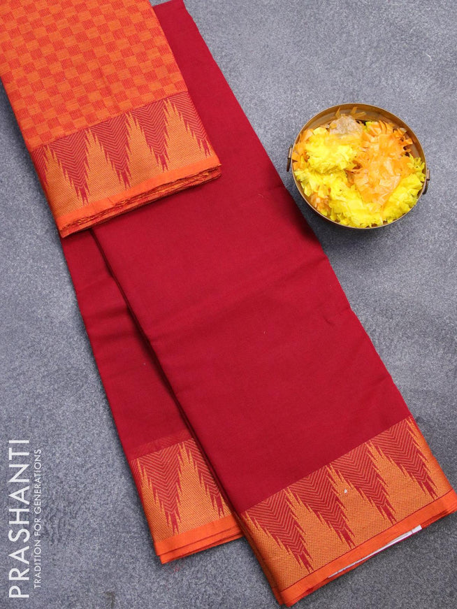Chettinad cotton saree maroon and yellow with plain body and temple design thread woven border and woven blouse - {{ collection.title }} by Prashanti Sarees