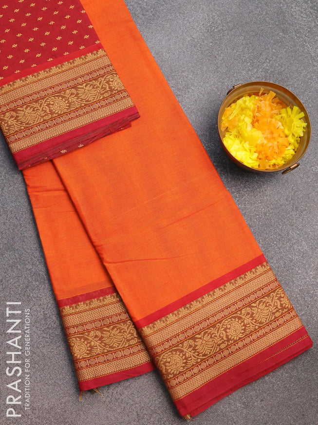 Chettinad cotton saree orange and maroon with thread woven buttas and thread woven border & printed blouse - {{ collection.title }} by Prashanti Sarees