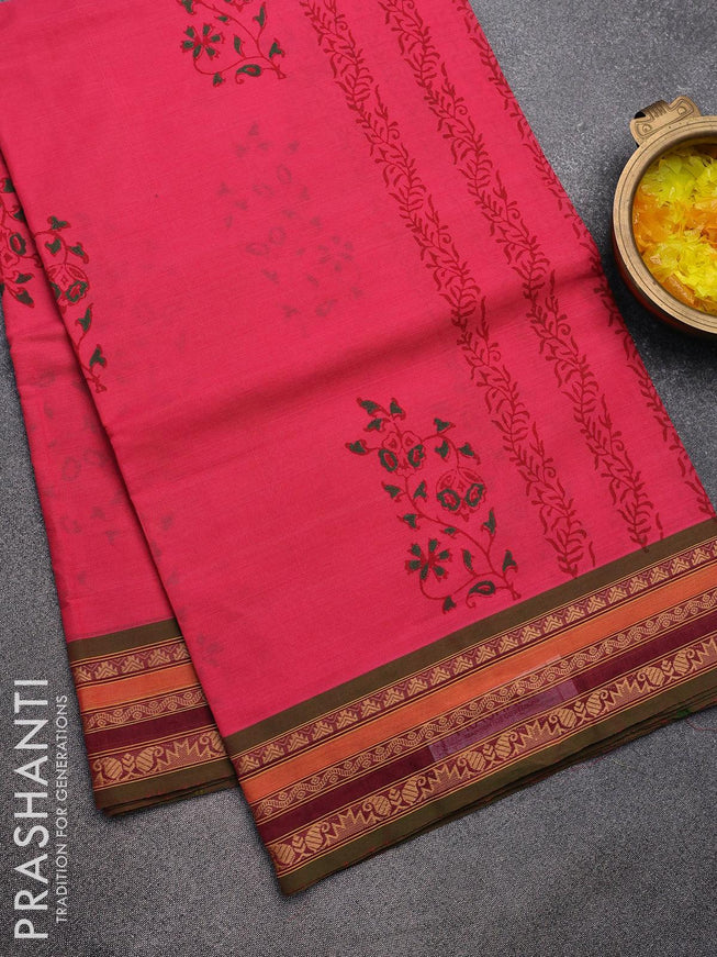Chettinad cotton saree pink and dual shade of green with allover prints and thread woven border - without blouse - {{ collection.title }} by Prashanti Sarees
