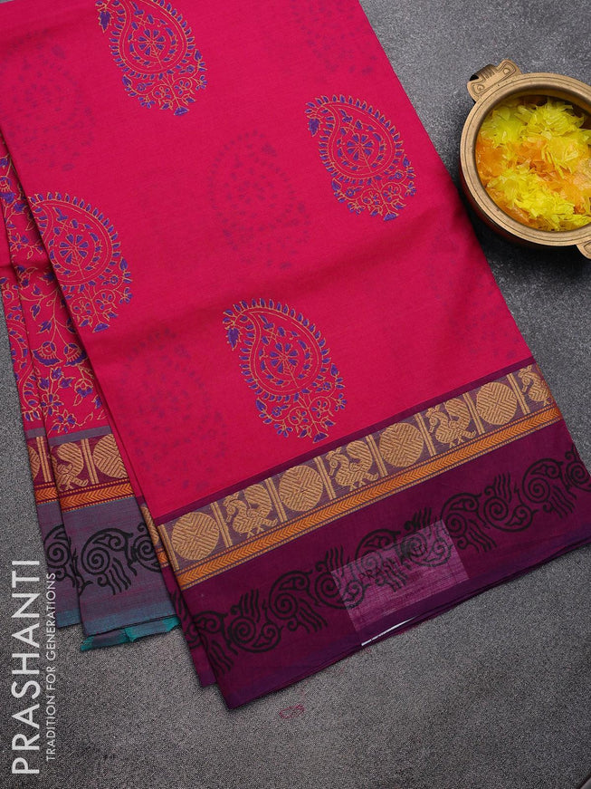 Chettinad cotton saree pink with paisley butta prints and ganga jamuna border - without blouse - {{ collection.title }} by Prashanti Sarees