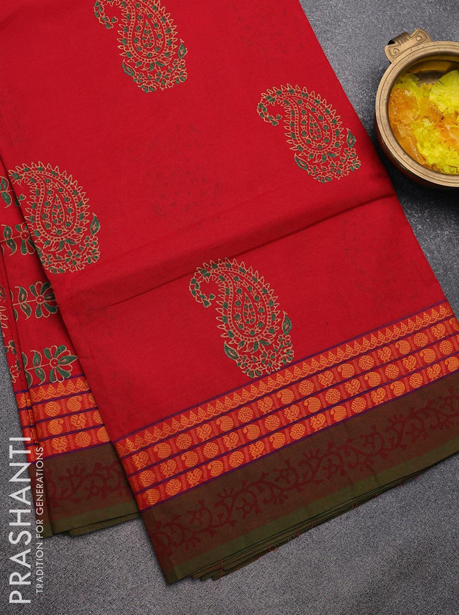Chettinad cotton saree red and dual shade of redish green with paisley butta prints and thread woven printed border - without blouse - {{ collection.title }} by Prashanti Sarees