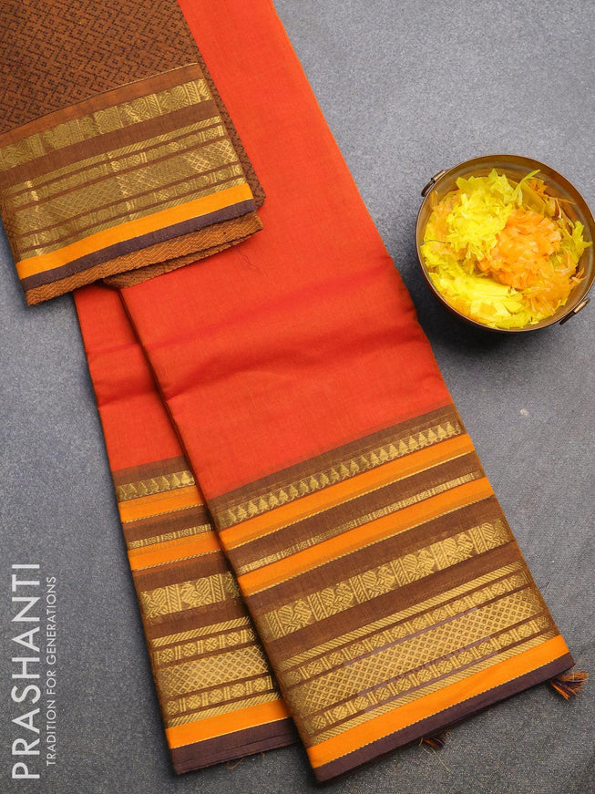 Chettinad cotton saree sunset orange and dark mustard with plain body and long zari woven border - woven blouse - {{ collection.title }} by Prashanti Sarees