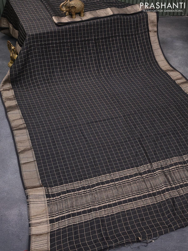 Chinon silk saree black with allover zari checked pattern and zari woven border with pichwai printed blouse - {{ collection.title }} by Prashanti Sarees