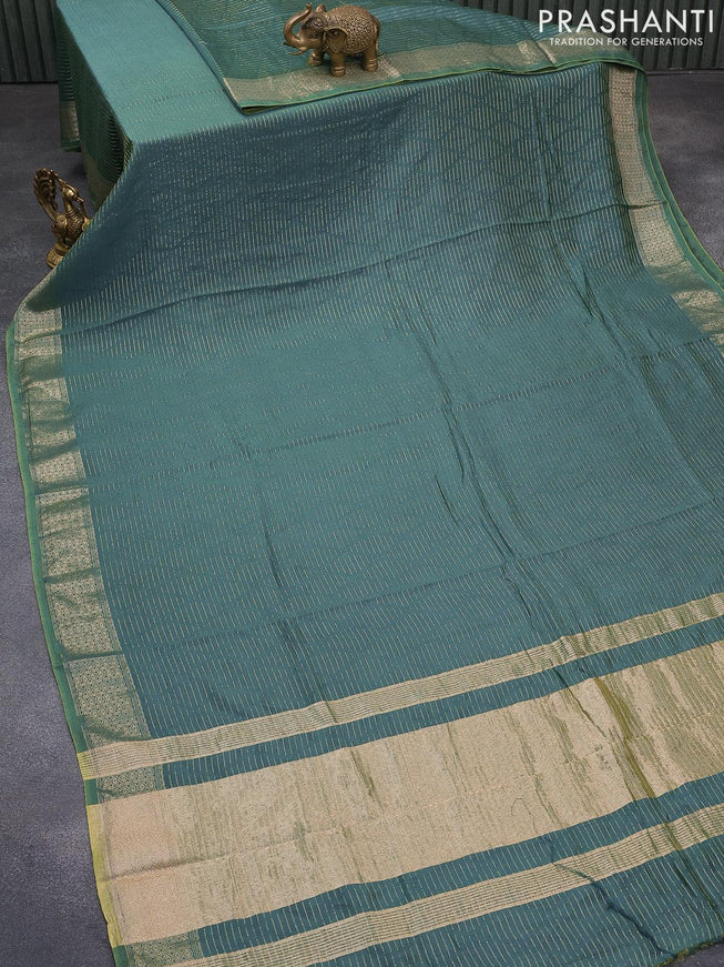 Chinon silk saree dual shade of teal bluish green with allover geometric zari weaves and zari woven border with pichwai printed blouse - {{ collection.title }} by Prashanti Sarees