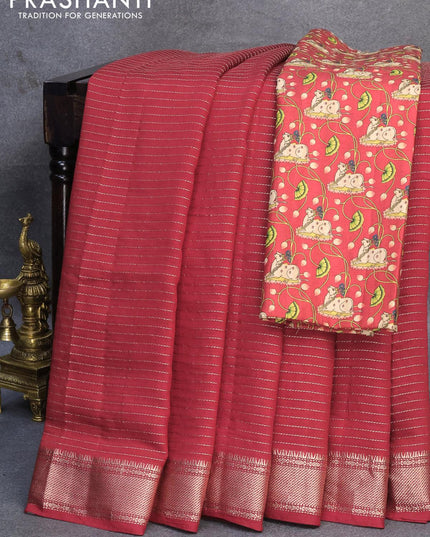 Chinon silk saree maroon with allover zari woven stripes pattern and zari woven border with pichwai printed blouse - {{ collection.title }} by Prashanti Sarees