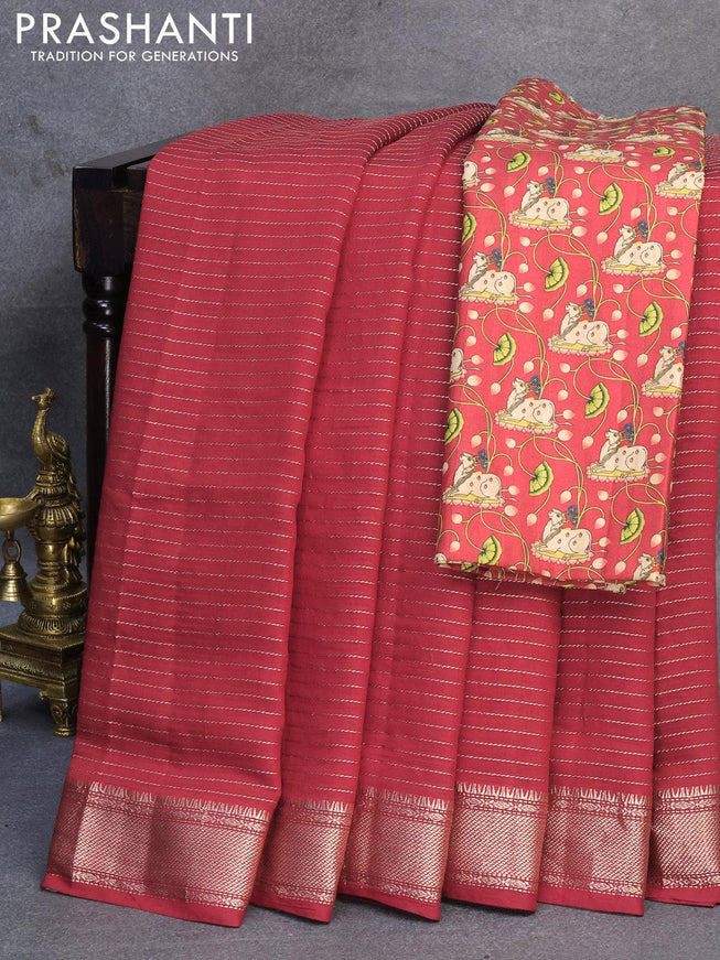 Chinon silk saree maroon with allover zari woven stripes pattern and zari woven border with pichwai printed blouse - {{ collection.title }} by Prashanti Sarees