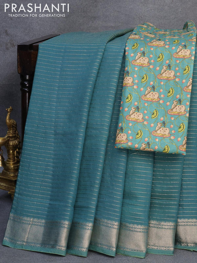 Chinon silk saree peacock green with allover zari woven stripes pattern and zari woven border with pichwai printed blouse - {{ collection.title }} by Prashanti Sarees
