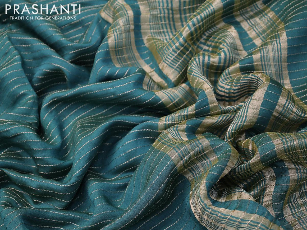 Chinon silk saree peacock green with allover zari woven stripes pattern and zari woven border with pichwai printed blouse - {{ collection.title }} by Prashanti Sarees